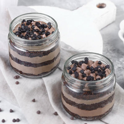 "Chocolate Cake garnished with Chocochip Fresh Cream Cake Jar Set of 2 - Click here to View more details about this Product